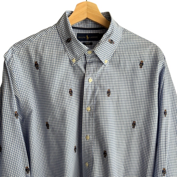 Polo Ralph Lauren Men's Polo Bear Gingham Cotton Shirt Sz L Slim Fit Embroidered - Picture 5 of 11